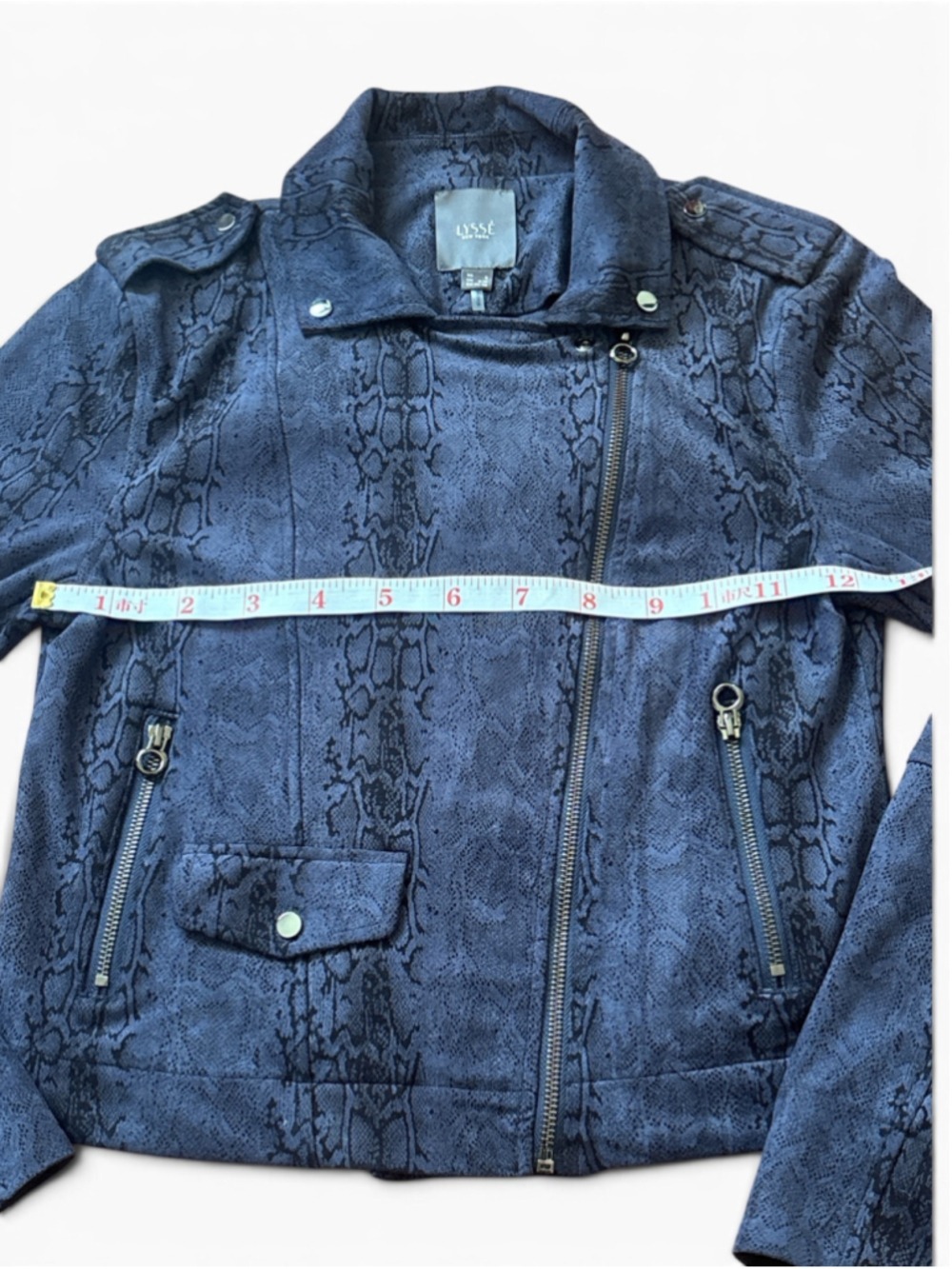 Lysse Blue Black Snake Print Faux Suede Moto Jacket Size S - Picture 3 of 6